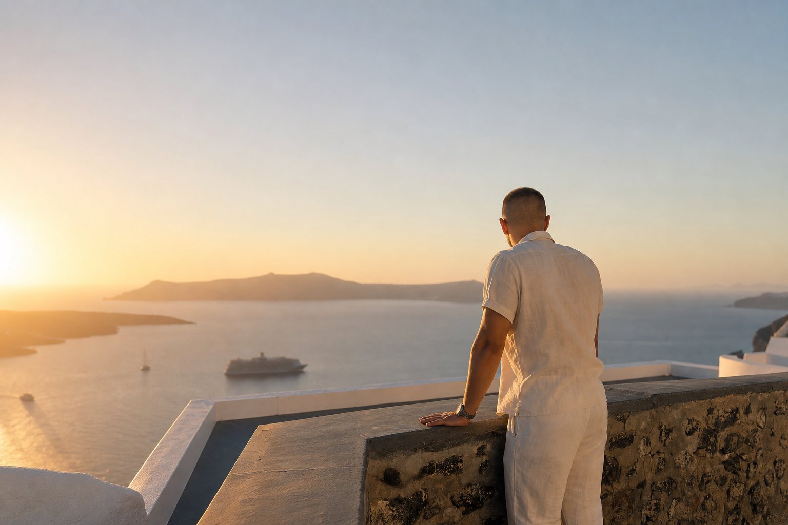 Giuseppe Brown overlooking the Santorini caldera at golden hour